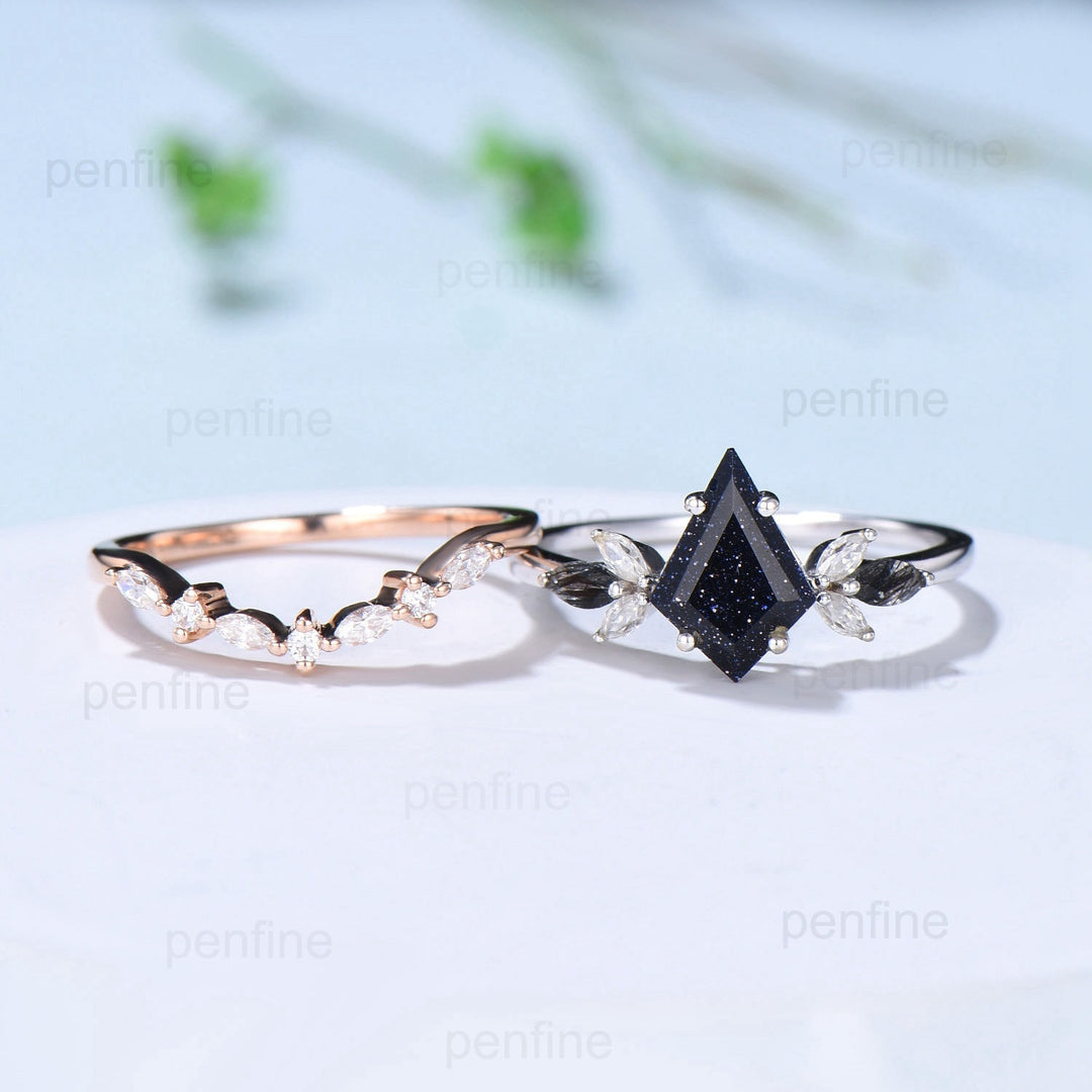 Vintage Kite Cut Blue Sandstone Engagement Ring Set Marquise Cut Black Rutilated Quartz Galaxy Bridal Ring Set Antique Art Deco Wedding Ring - PENFINE