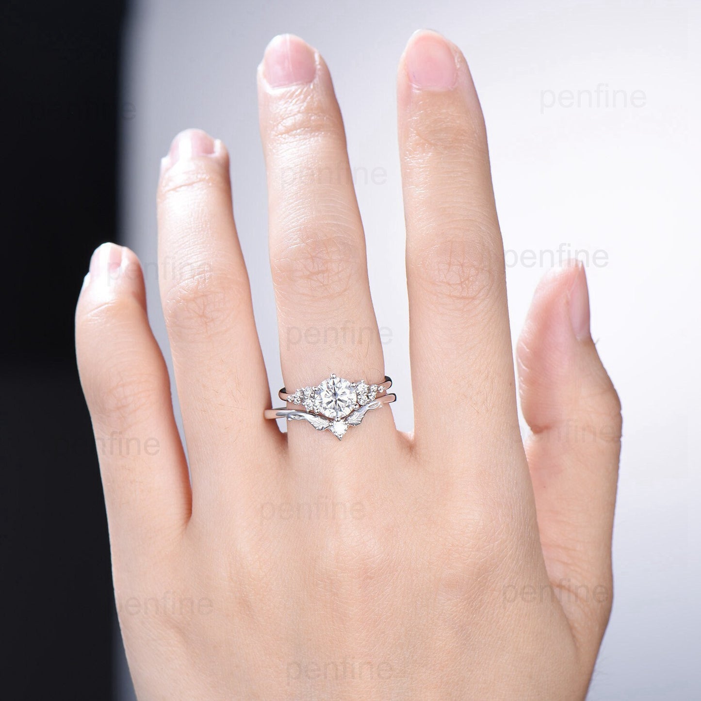 1CT Round Brilliant Moissanite Engagement Ring Set Snowdrift Moissanite Diamond Wedding Set Unique Six Prongs Leaf anniversary promise ring - PENFINE