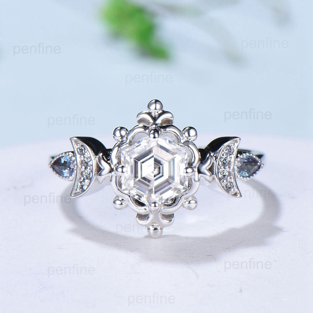 Floral Hexagon Moissanite Engagement Ring Crescent Moon Pear Alexandrite Cluster Wedding Ring Unique Promise Ring Handmade Bridal Gift - PENFINE