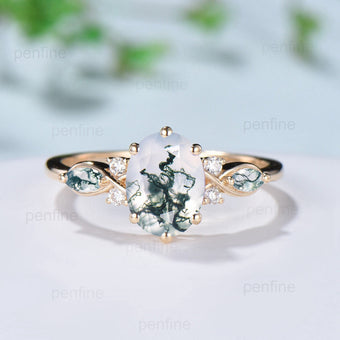 Vintage Oval Cut Moss agate engagement ring flawless green agate ring for women 14K Yellow Gold marquise aquatic agate diamond wedding Ring - PENFINE
