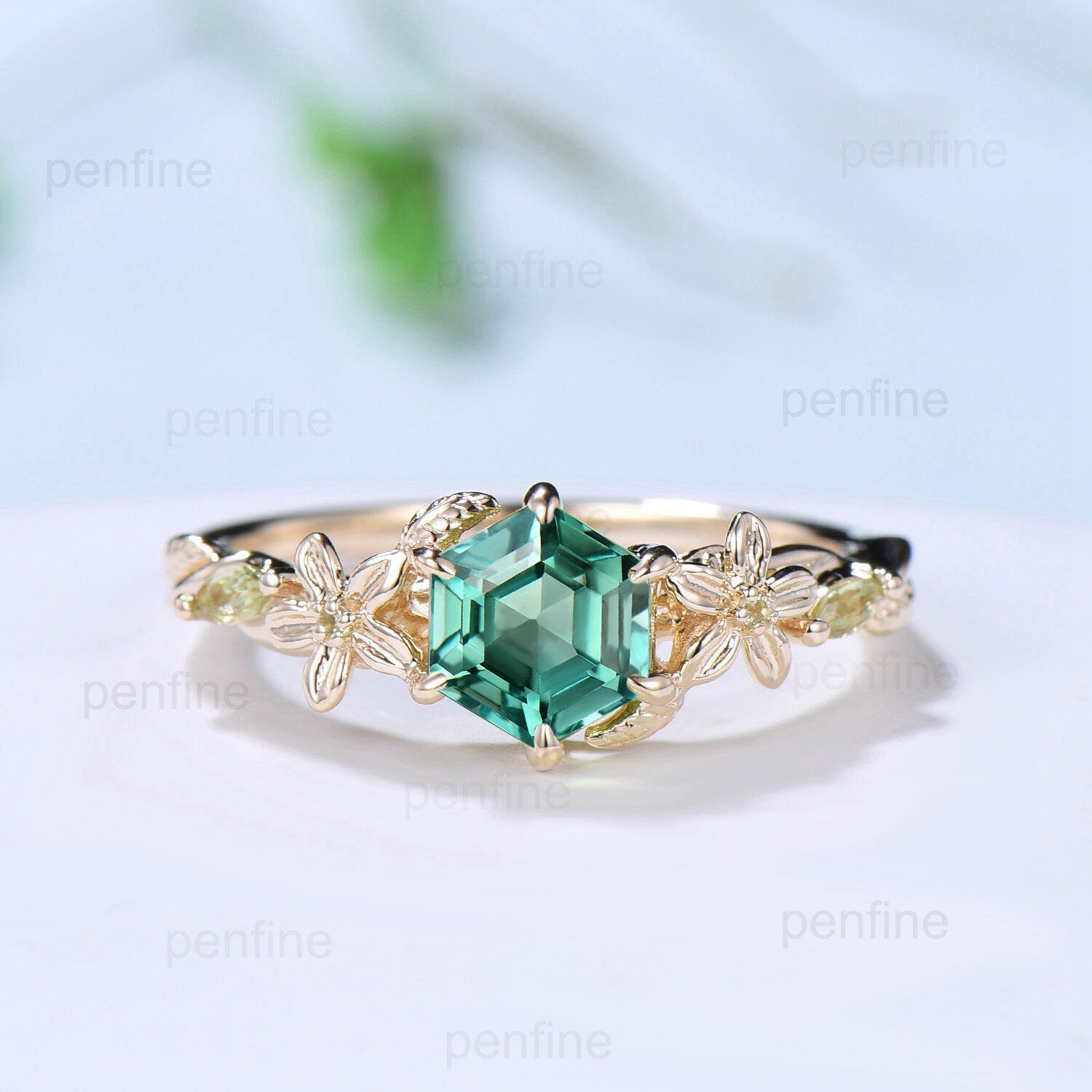 Vintage Green Sapphire Ring Elegant Floral Teal Sapphire Engagement Ring Leaf Marquise Peridot Wedding Women Natural inspired Promise Ring - PENFINE