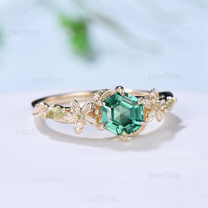 Vintage Green Sapphire Ring Elegant Floral Teal Sapphire Engagement Ring Leaf Marquise Peridot Wedding Women Natural inspired Promise Ring - PENFINE