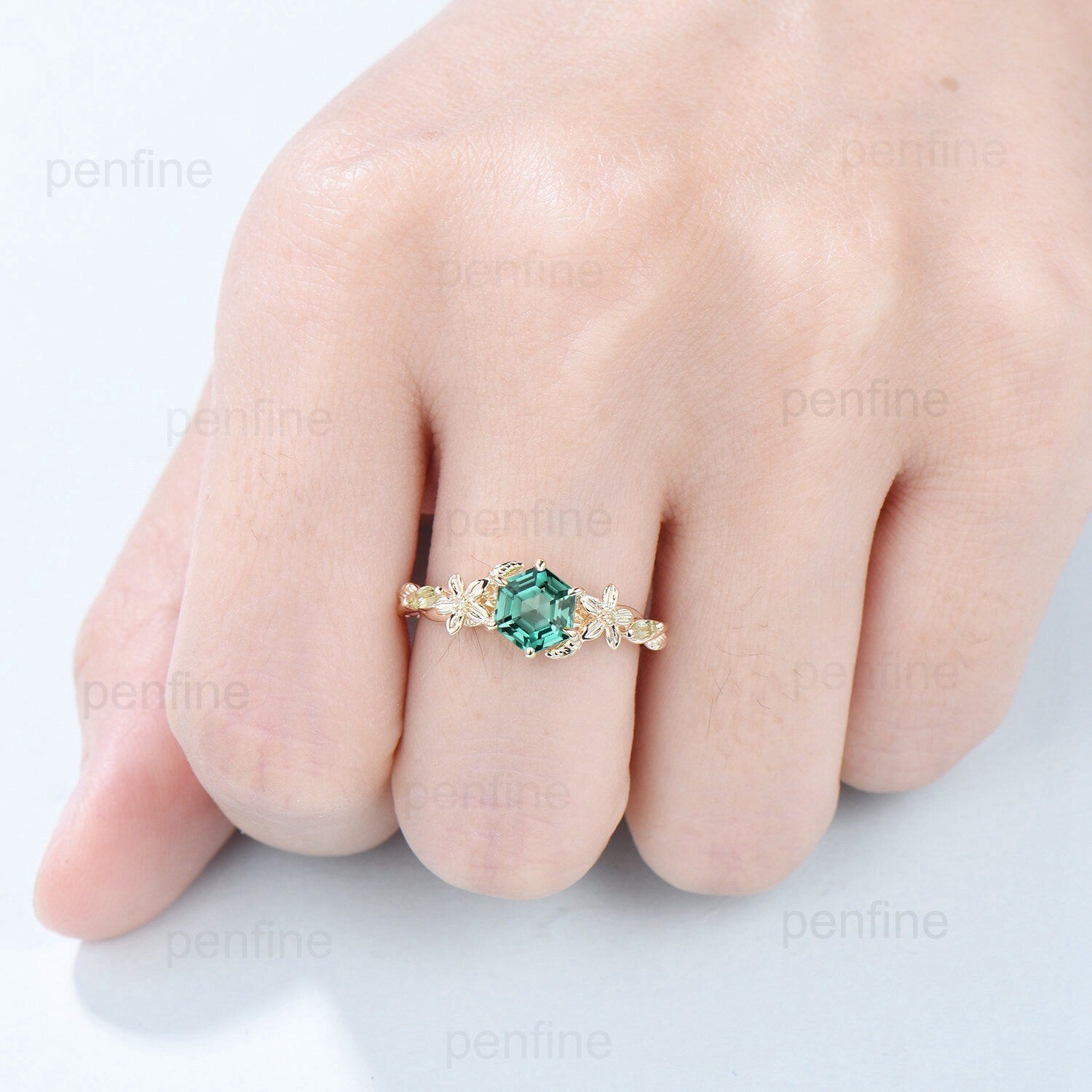 Vintage Green Sapphire Ring Elegant Floral Teal Sapphire Engagement Ring Leaf Marquise Peridot Wedding Women Natural inspired Promise Ring - PENFINE