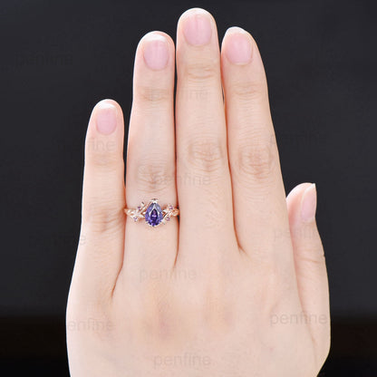 Natural inspired  Flower Purple Sapphire Ring Vintage Twig Pear Shaped Engagement Ring Leaf Amethyst marquise moss agate Wedding Branch Ring - PENFINE