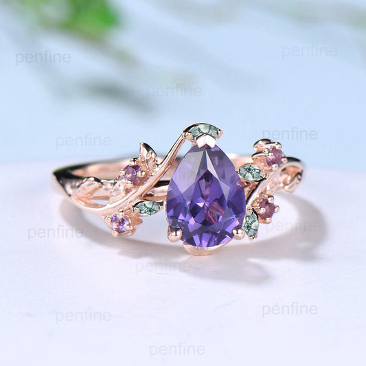 Natural inspired Flower Purple Sapphire Ring Vintage Twig Pear Shaped Engagement Ring Leaf Amethyst marquise moss agate Wedding Branch Ring - PENFINE