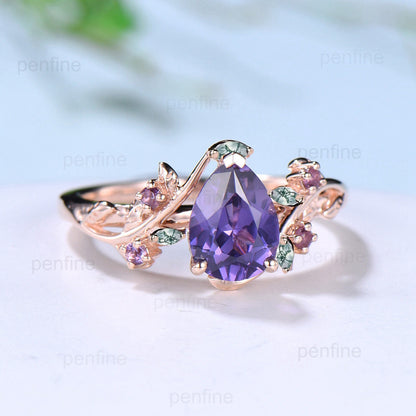 Natural inspired  Flower Purple Sapphire Ring Vintage Twig Pear Shaped Engagement Ring Leaf Amethyst marquise moss agate Wedding Branch Ring - PENFINE