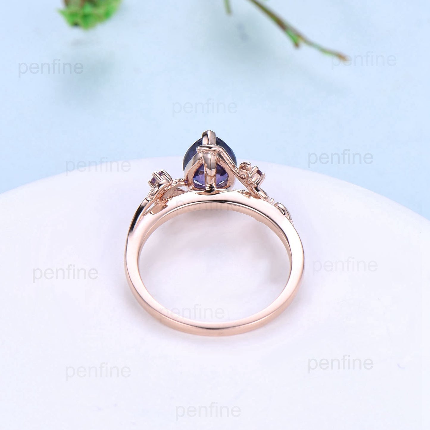 Natural inspired  Lab Created Emerald Ring Vintage Twig Pear Shaped Engagement Ring Leaf Amethyst marquise moss agate Wedding Branch Ring - PENFINE