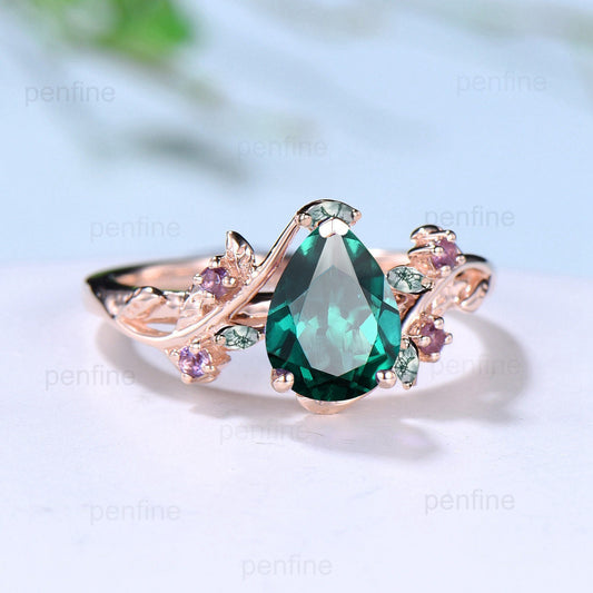 Natural inspired  Lab Created Emerald Ring Vintage Twig Pear Shaped Engagement Ring Leaf Amethyst marquise moss agate Wedding Branch Ring - PENFINE