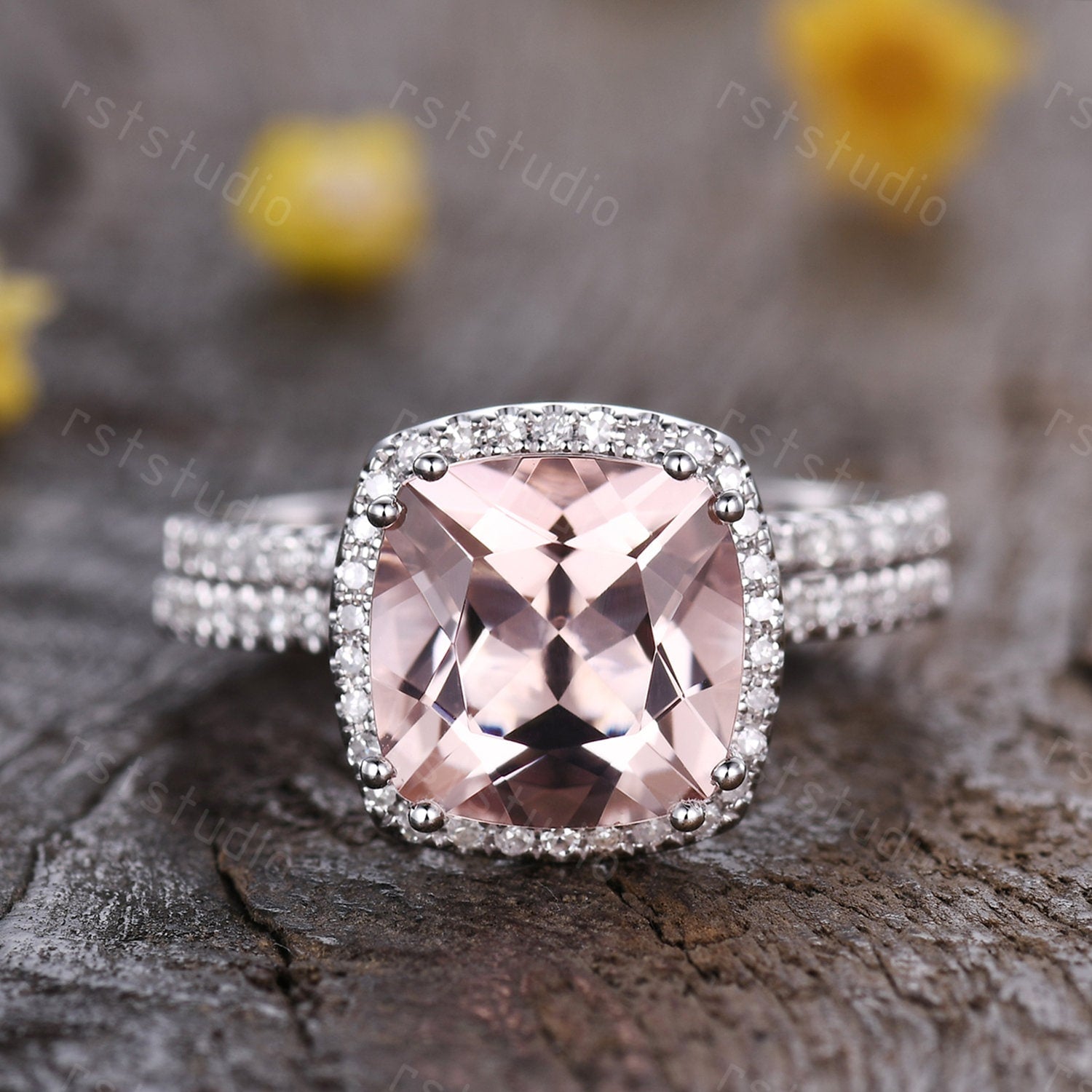 3ct Cushion Cut Morganite Engagement Ring Set: Diamond 14K White Gold Wedding Band