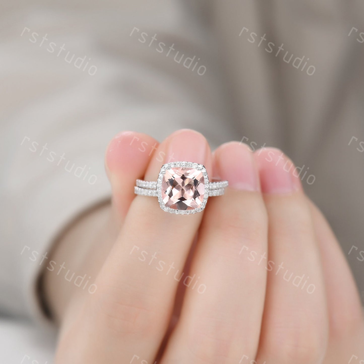 3ct Cushion Cut Morganite Engagement Ring Set: Diamond 14K White Gold Wedding Band
