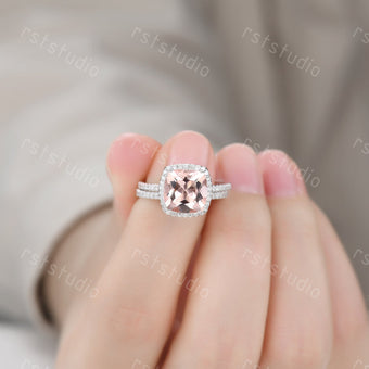 3ct Cushion Cut Morganite Engagement Ring Set: Diamond 14K White Gold Wedding Band