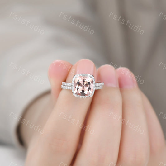 3ct Cushion Cut Morganite Engagement Ring Set: Diamond 14K White Gold Wedding Band