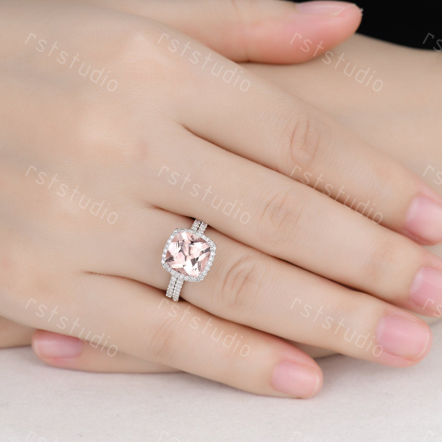 3ct Cushion Cut Morganite Engagement Ring Set: Diamond 14K White Gold Wedding Band
