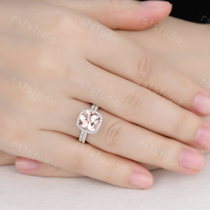 3ct Cushion Cut Morganite Engagement Ring Set: Diamond 14K White Gold Wedding Band