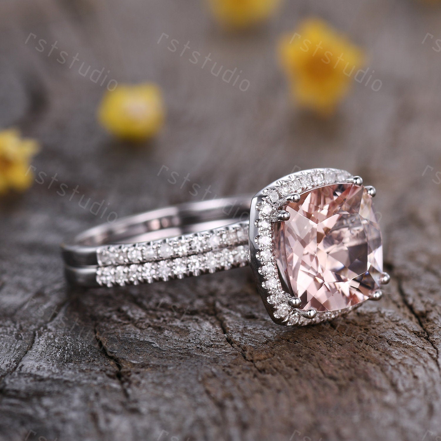3ct Cushion Cut Morganite Engagement Ring Set: Diamond 14K White Gold Wedding Band