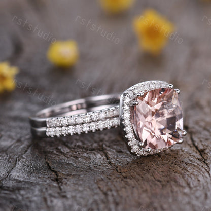 3ct Cushion Cut Morganite Engagement Ring Set: Diamond 14K White Gold Wedding Band
