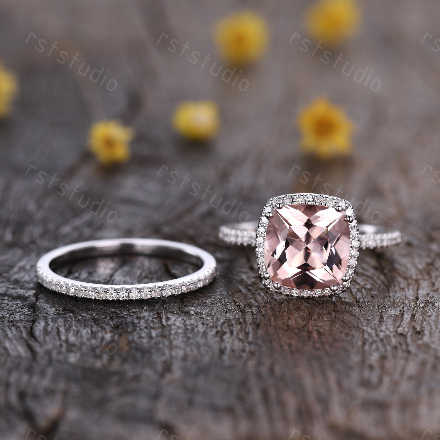 3ct Cushion Cut Morganite Engagement Ring Set: Diamond 14K White Gold Wedding Band