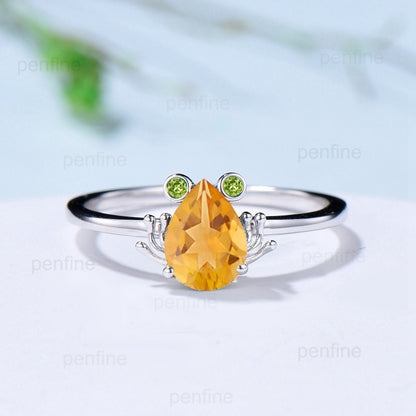 Unique Frog Citrine Peridot Engagement Ring Forest Inspired Peridot Citrine Wedding Ring  Vintage White Gold Anniversary Birthstone Ring - PENFINE