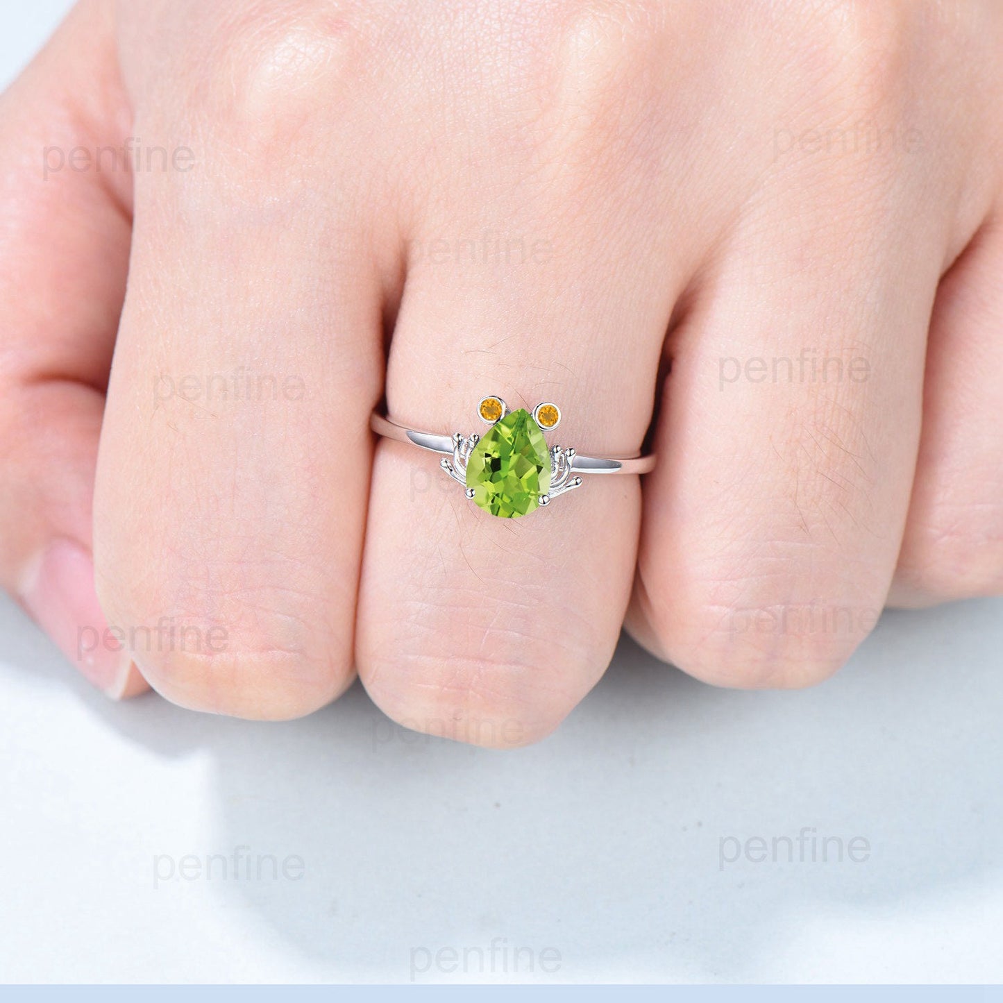 Unique Frog Citrine Peridot Engagement Ring Forest Inspired Peridot Citrine Wedding Ring  Vintage White Gold Anniversary Birthstone Ring - PENFINE