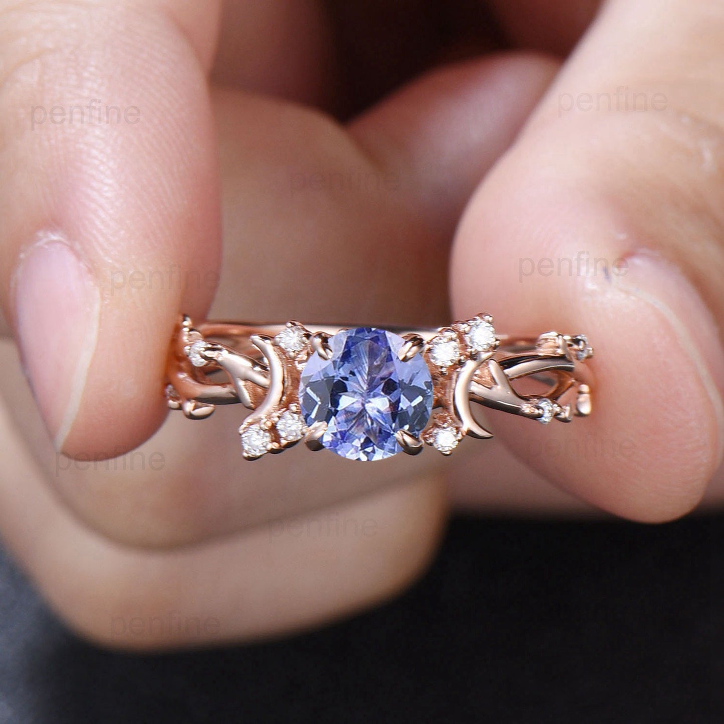 Elegant Round Tanzanite Ring Vintage Moon Engagement Ring Leaf Tanzanite Diamond Wedding Ring Women Nature inspired Branch Proposal Gift - PENFINE