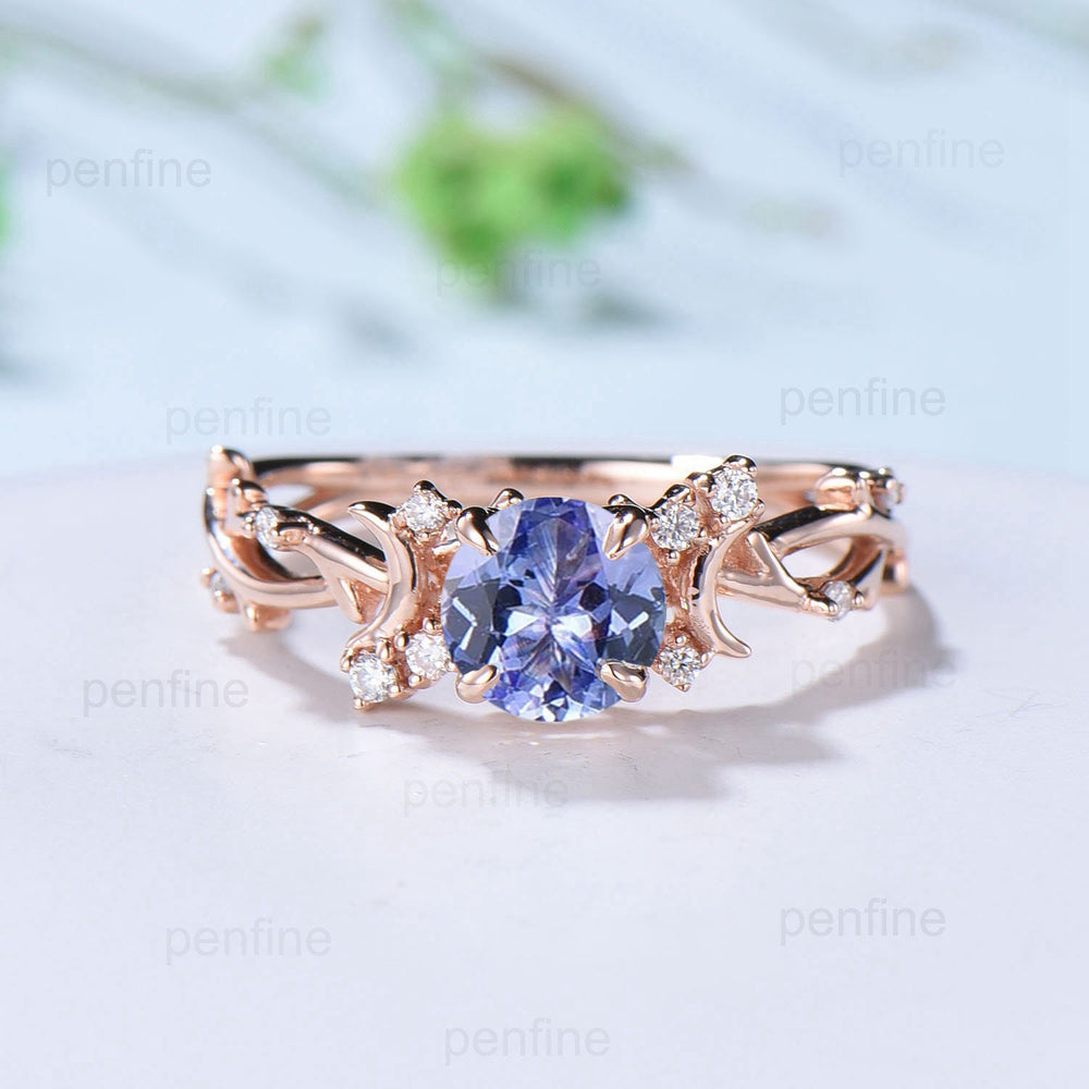 Elegant Round Tanzanite Ring Vintage Moon Engagement Ring Leaf Tanzanite Diamond Wedding Ring Women Nature inspired Branch Proposal Gift - PENFINE