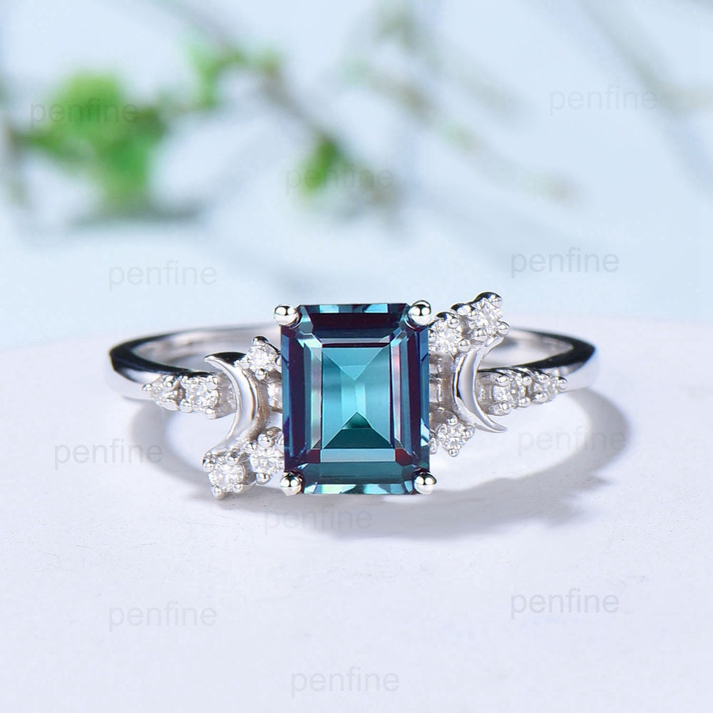 Vintage alexandrite engagement ring crescent moon emerald cut color change promise ring Unique cluster moissanite anniversary gift for Women - PENFINE