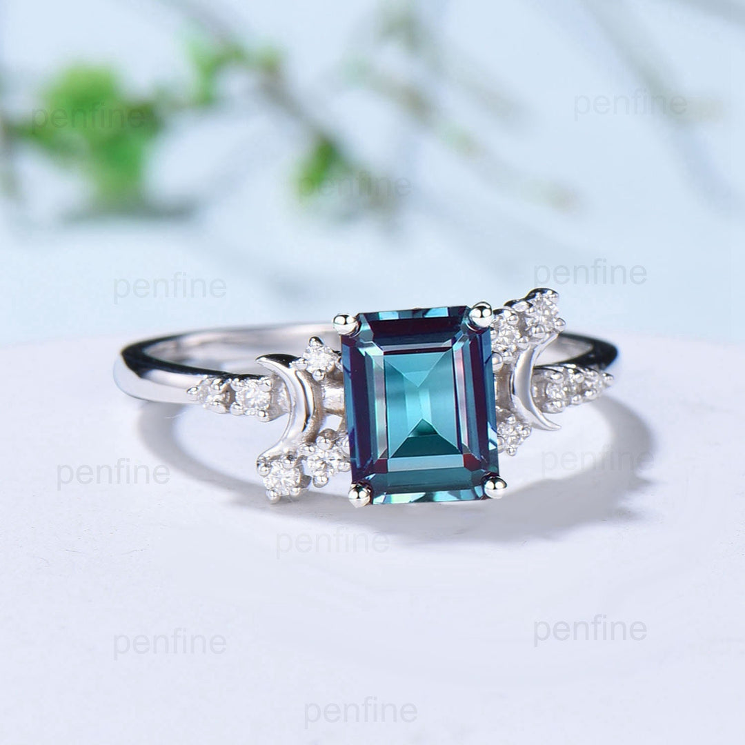 Vintage alexandrite engagement ring crescent moon emerald cut color change promise ring Unique cluster moissanite anniversary gift for Women - PENFINE