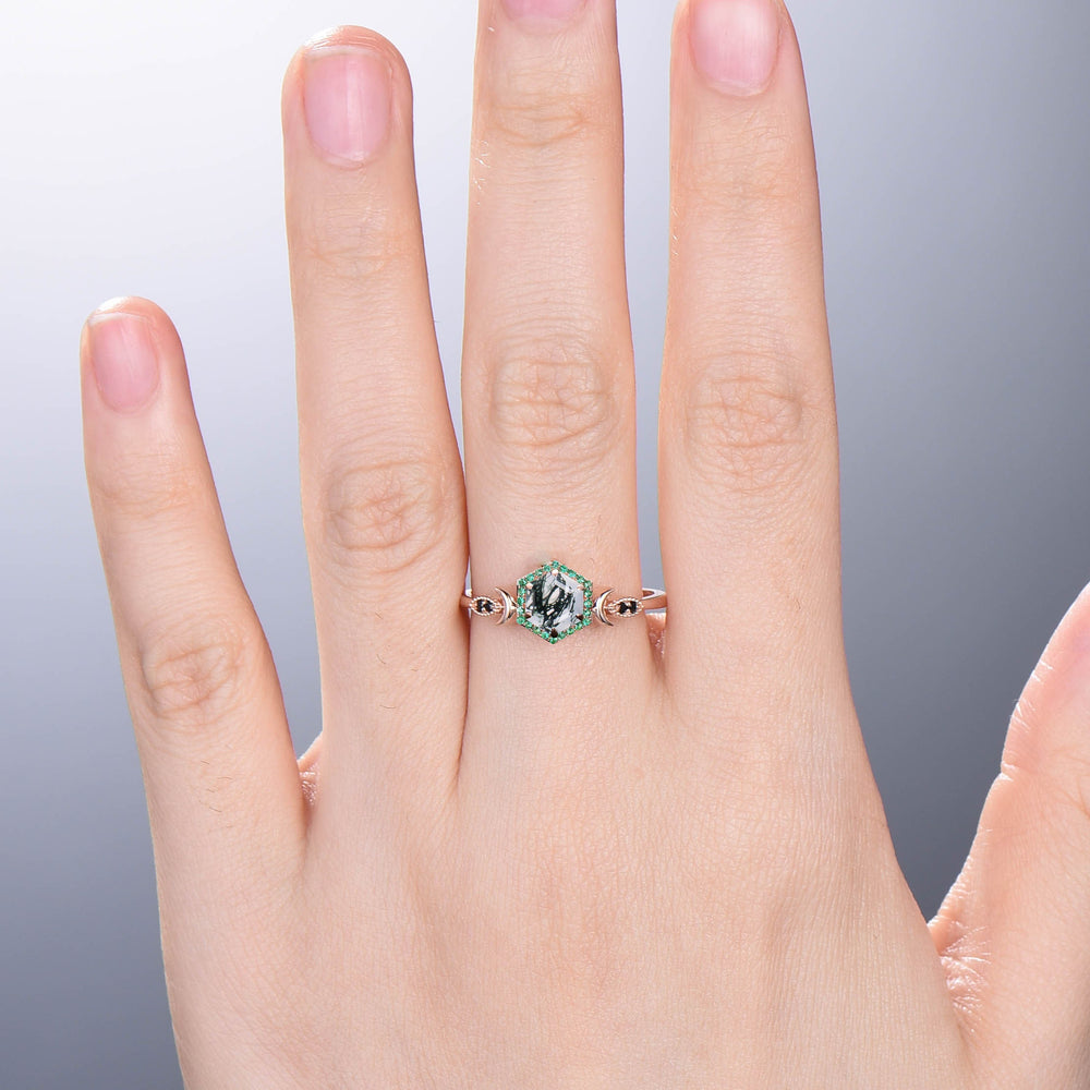 Vintage Hexagon moss agate engagement ring Dainty moon wedding ring women halo emerald green agate promise ring black spinel band ring women - PENFINE