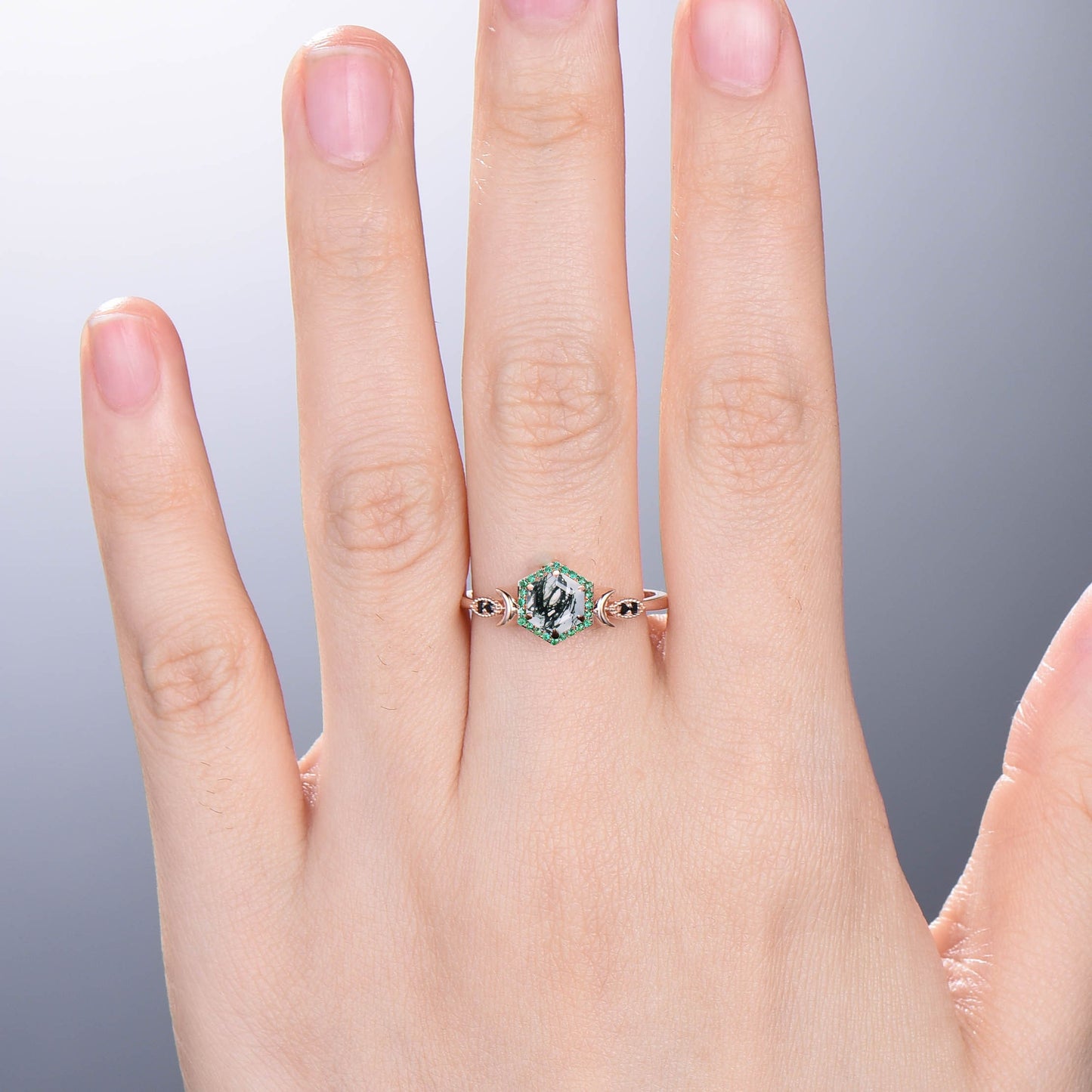 Vintage Hexagon moss agate engagement ring Dainty moon wedding ring women halo emerald green agate promise ring black spinel band ring women - PENFINE