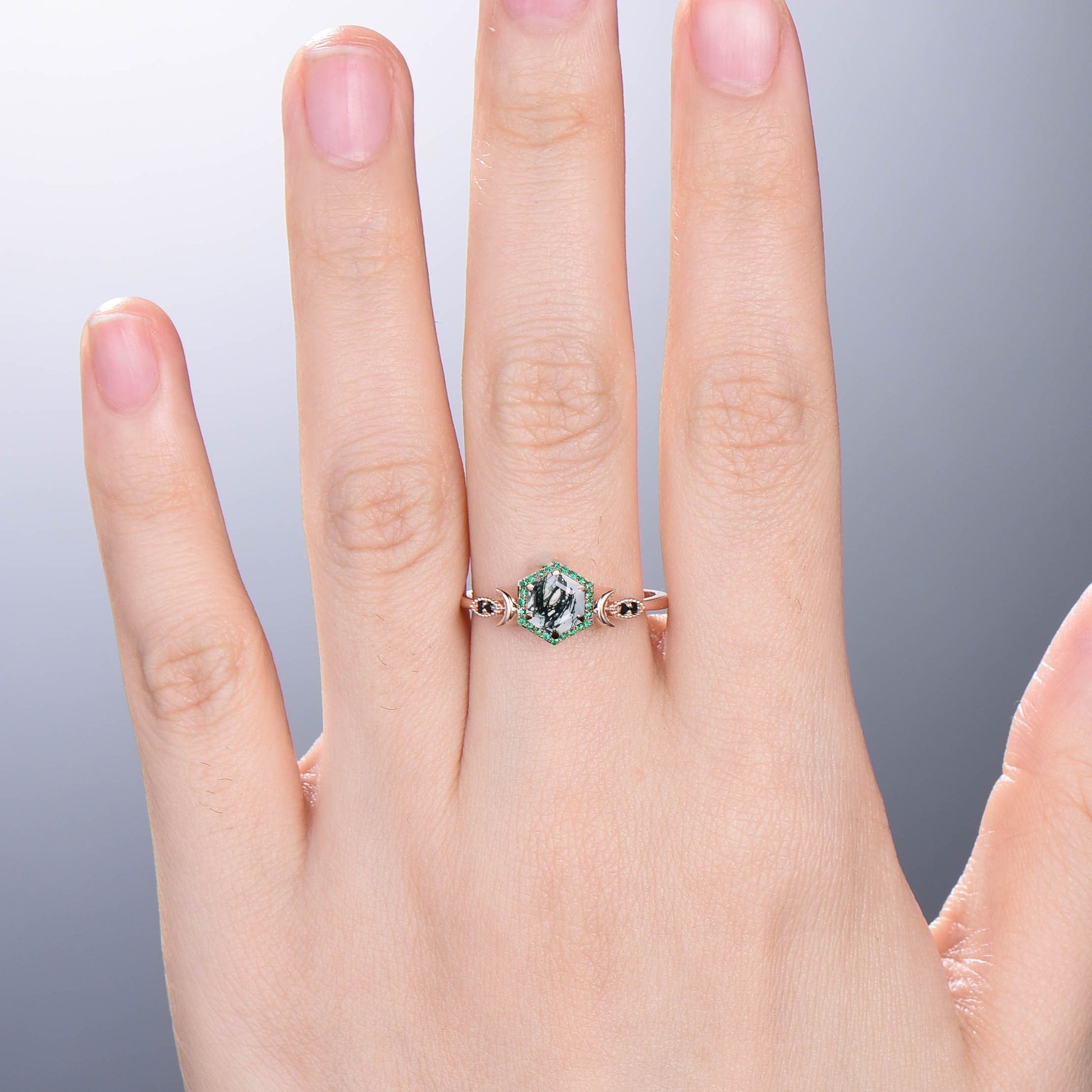 Vintage Hexagon moss agate engagement ring Dainty moon wedding ring women halo emerald green agate promise ring black spinel band ring women - PENFINE