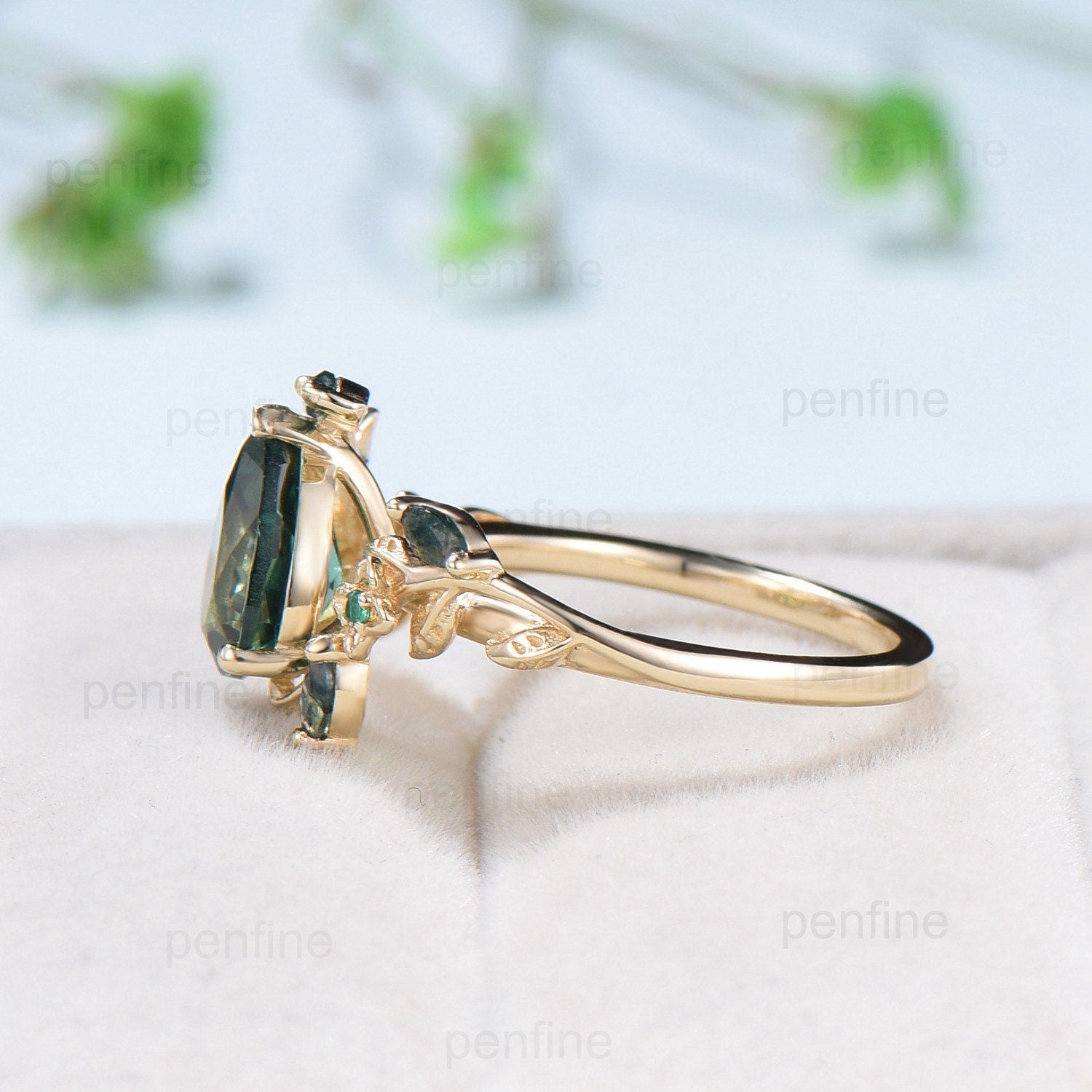 Elegant Pear Shaped Lapis Lazuli Ring Vintage Flower Engagement Ring Leaf Marquise Moss Agate Wedding Ring Unique Emerald Twig Branch Ring - PENFINE