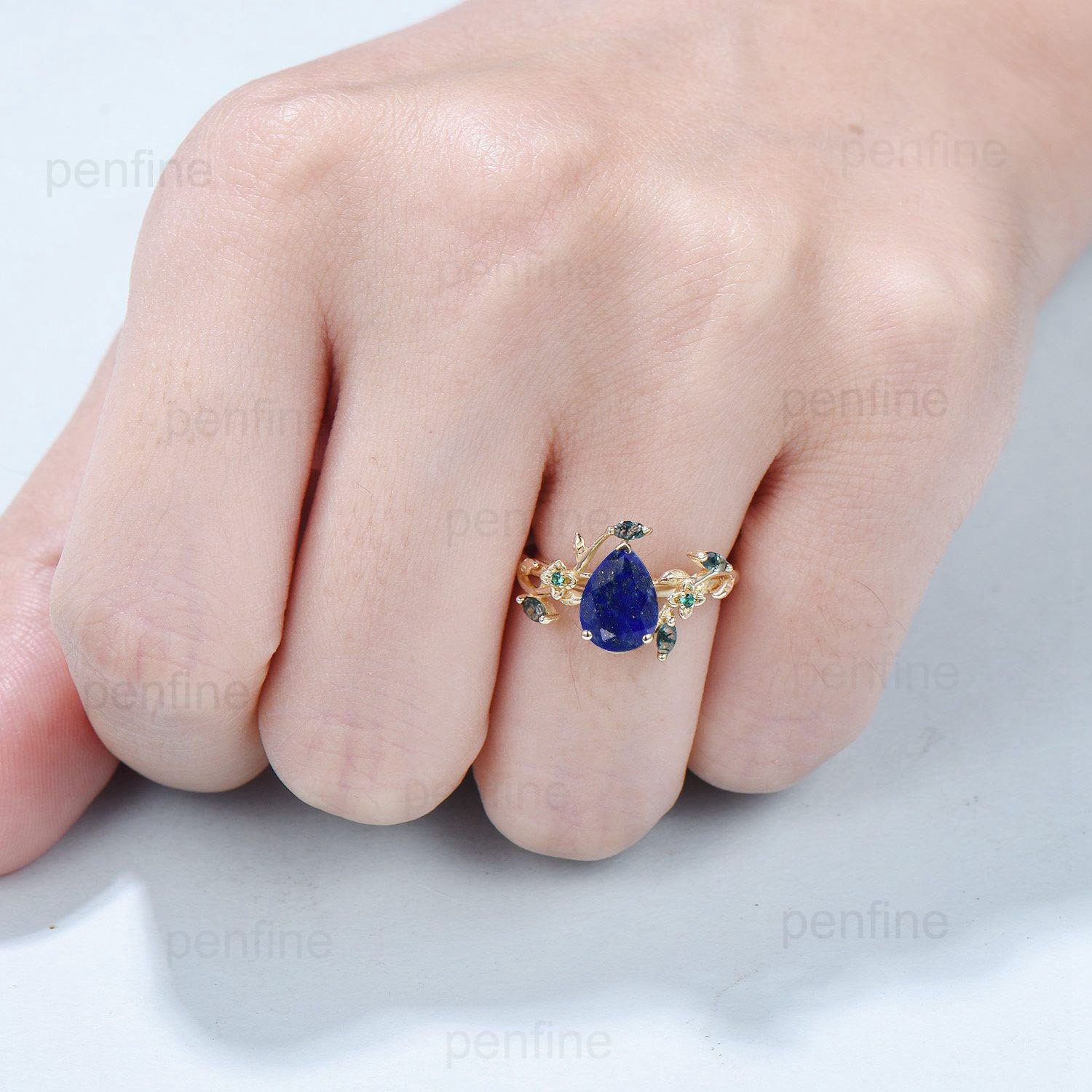 Elegant Pear Shaped Lapis Lazuli Ring Vintage Flower Engagement Ring Leaf Marquise Moss Agate Wedding Ring Unique Emerald Twig Branch Ring - PENFINE