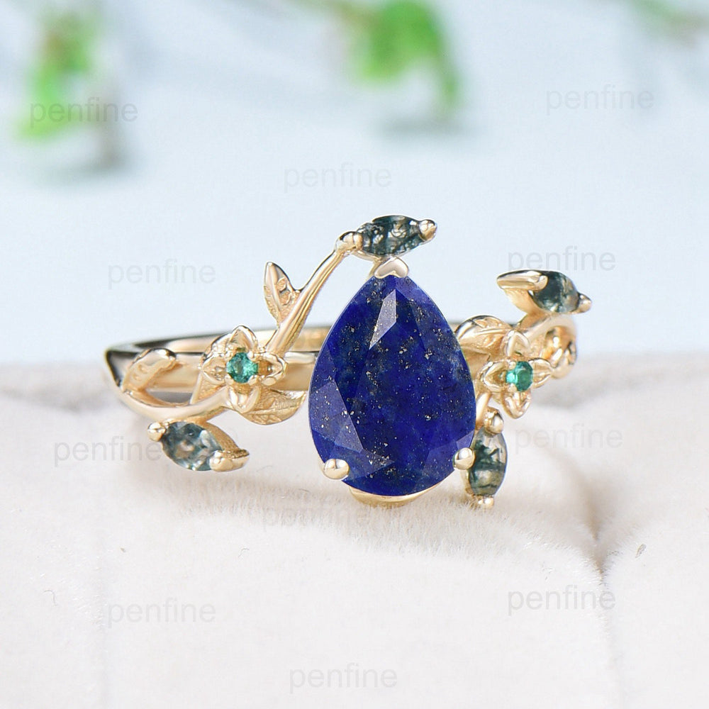 Elegant Pear Shaped Lapis Lazuli Ring Vintage Flower Engagement Ring Leaf Marquise Moss Agate Wedding Ring Unique Emerald Twig Branch Ring - PENFINE