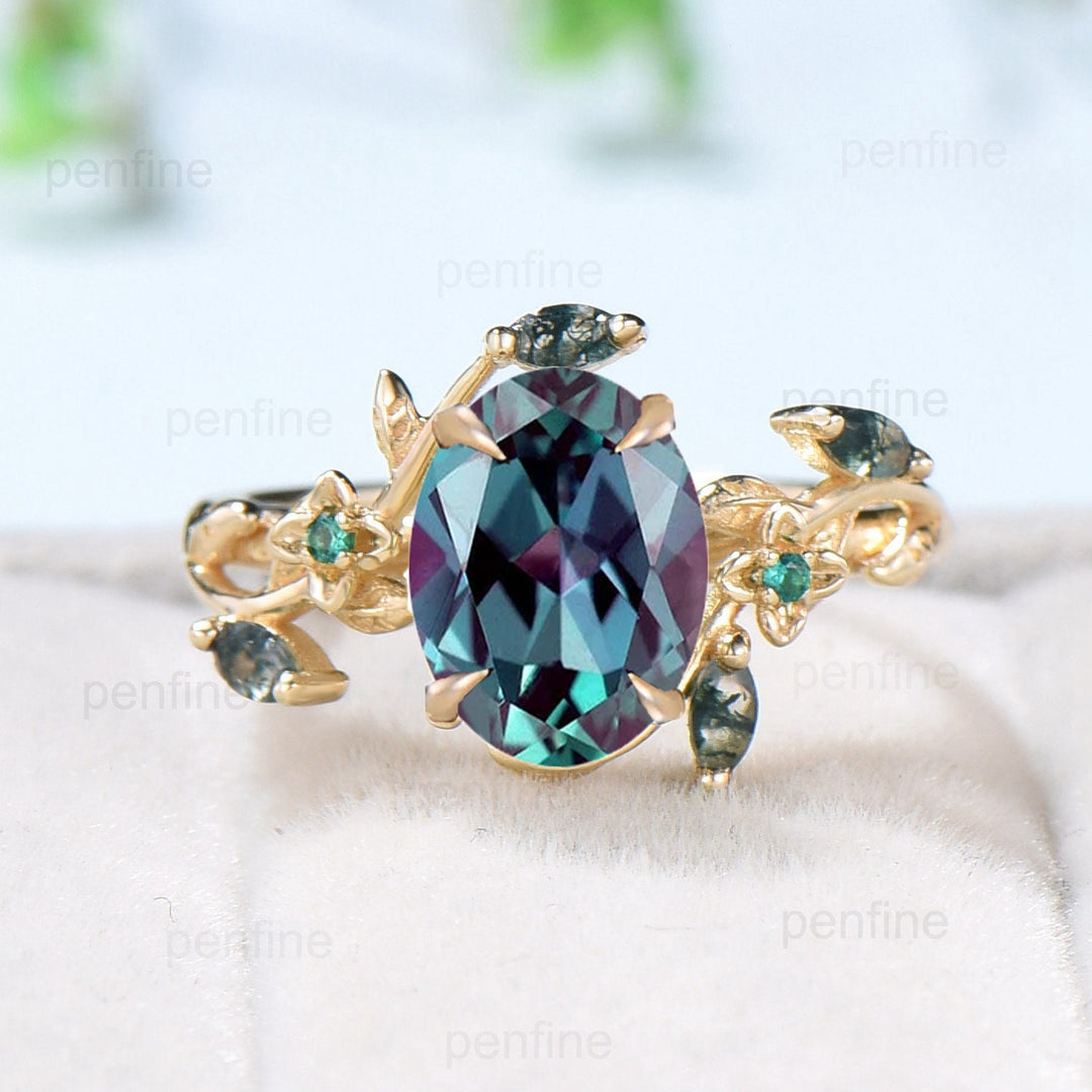 Nature Inspired alexandrite ring cluster emerald marquise cut moss agate twig branch color change engagement ring women unique fine jewelry - PENFINE