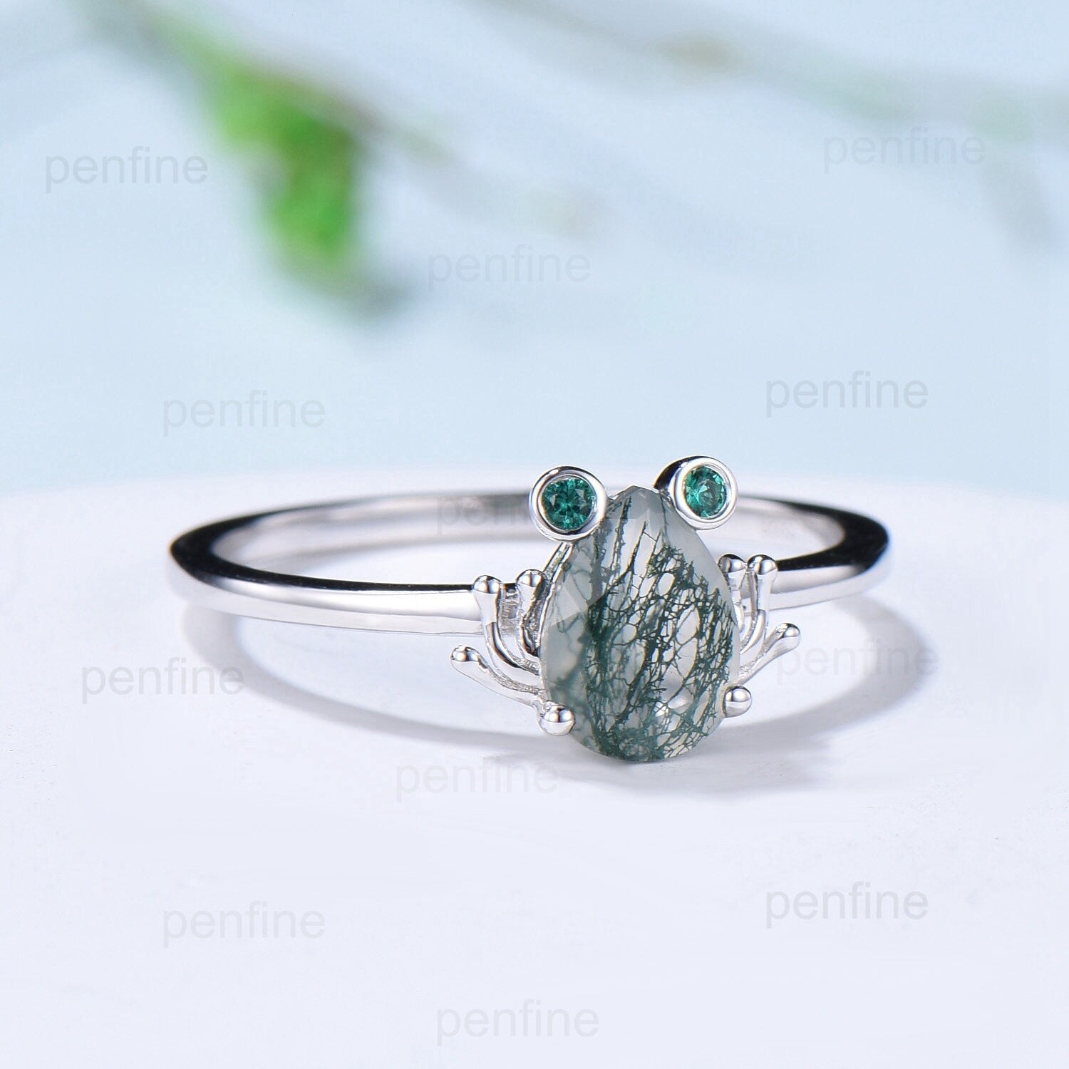 Vintage Frog moss agate engagement ring Animal inspired pear shaped aquatic agate wedding ring for women dainty anniversary ring for girl - PENFINE