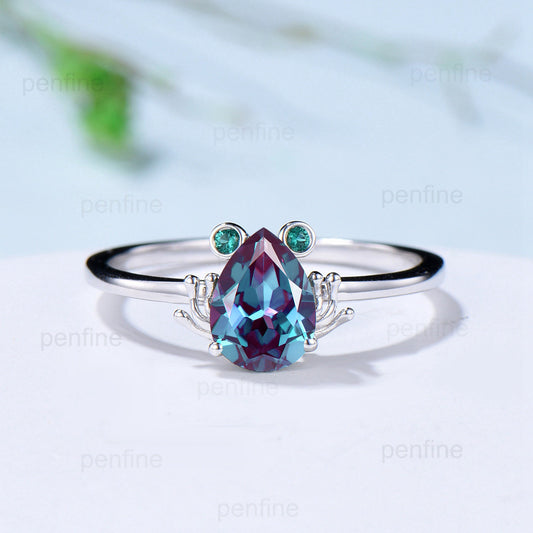 Nature Inspired Alexandrite Engagement Ring Vintage Unique Pear Color Change Stone Frog Ring Dainty White Gold Wedding Ring Proposal Gifts - PENFINE