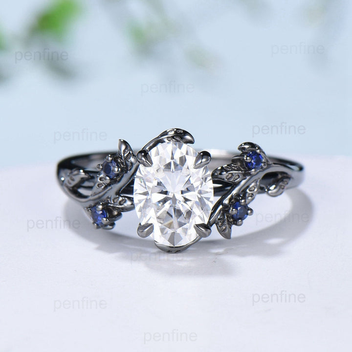 Nature Inspired Brilliant Moissanite ring Leaf Branch Oval Moissanite Engagement Ring  Black Gold Wedding Ring Unique Twig Vine Promise Ring - PENFINE