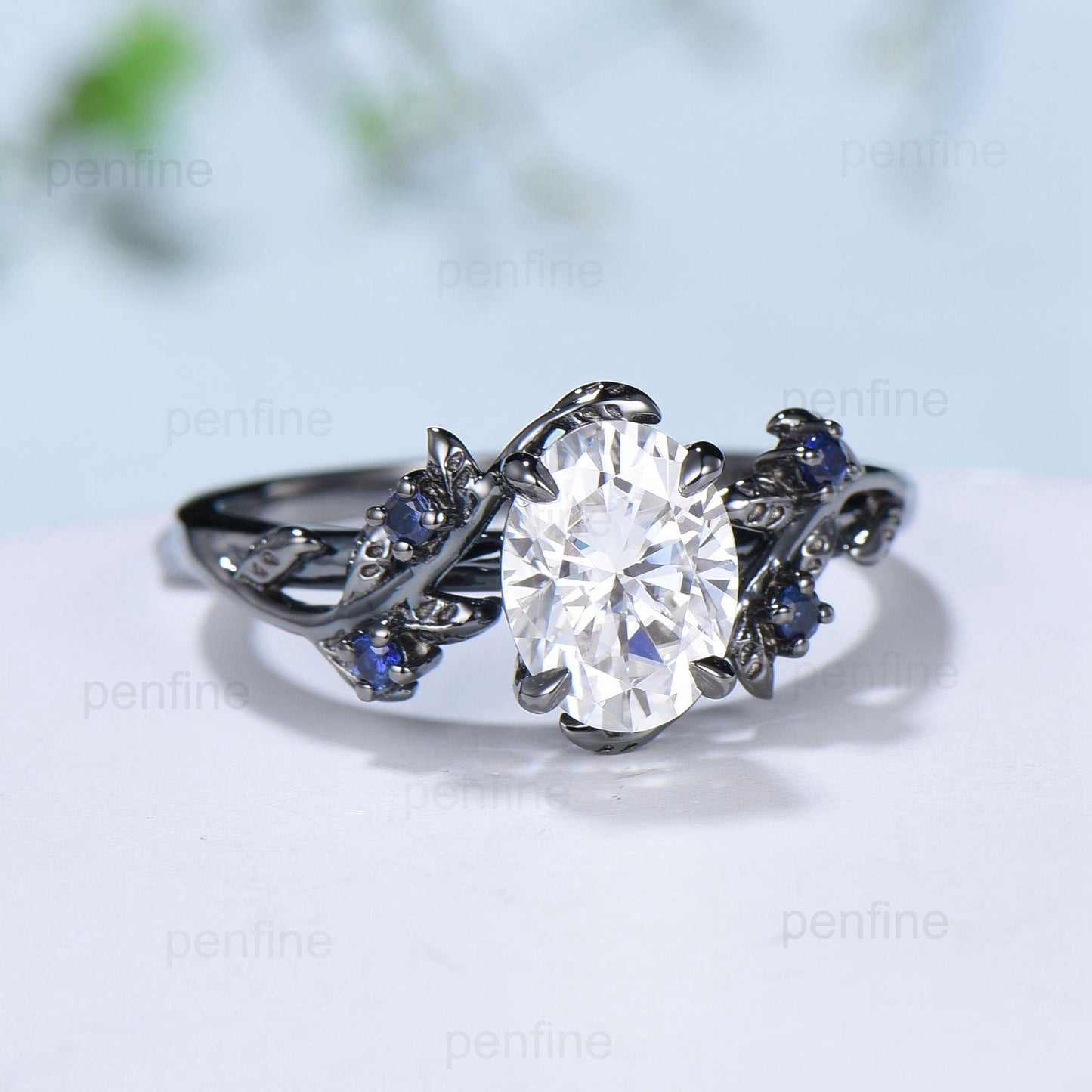 Nature Inspired Brilliant Moissanite ring Leaf Branch Oval Moissanite Engagement Ring  Black Gold Wedding Ring Unique Twig Vine Promise Ring - PENFINE