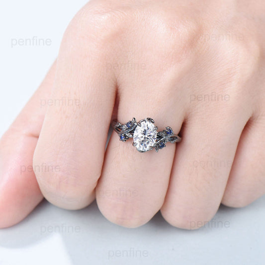 Nature Inspired Brilliant Moissanite ring Leaf Branch Oval Moissanite Engagement Ring Black Gold Wedding Ring Unique Twig Vine Promise Ring - PENFINE