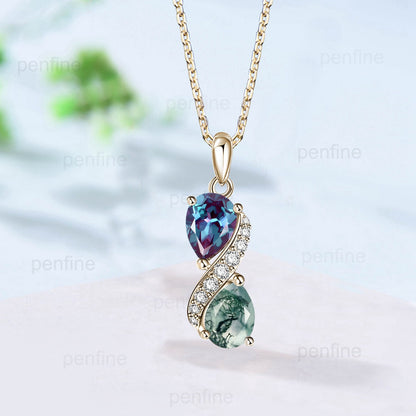 Unique Moss Agate Pendant Necklace Women Alternative Alexandrite Moissanite Green Agate Vintage Snake Promise Gift pear shaped pendant women - PENFINE