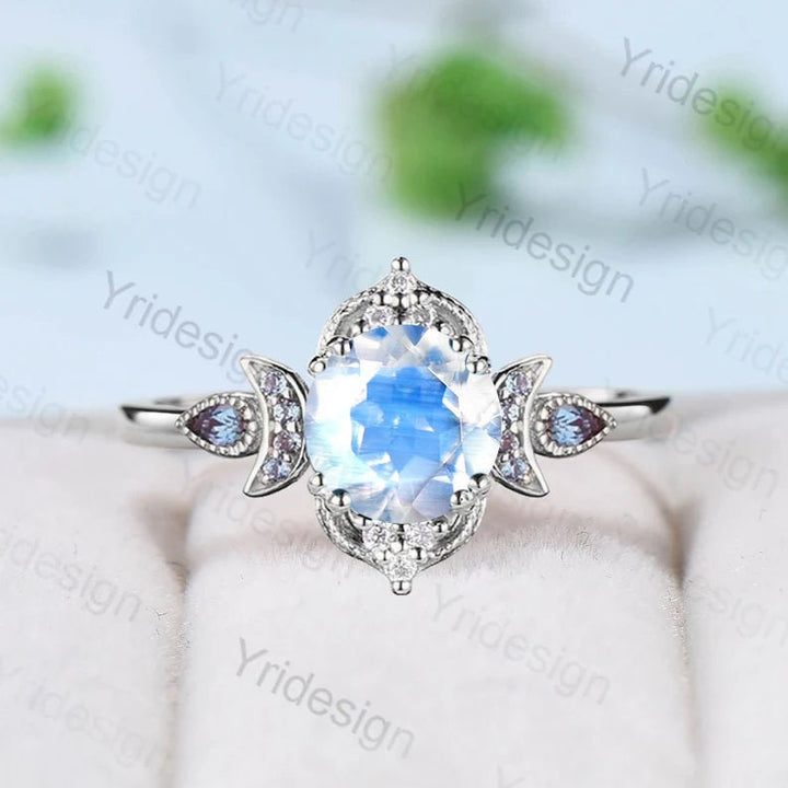 Vintage Moonstone Engagement Ring Unique Crescent Moon Color Change Wedding Ring Women Unique Art Deco Anniversary June Birthstone Ring Ring - PENFINE
