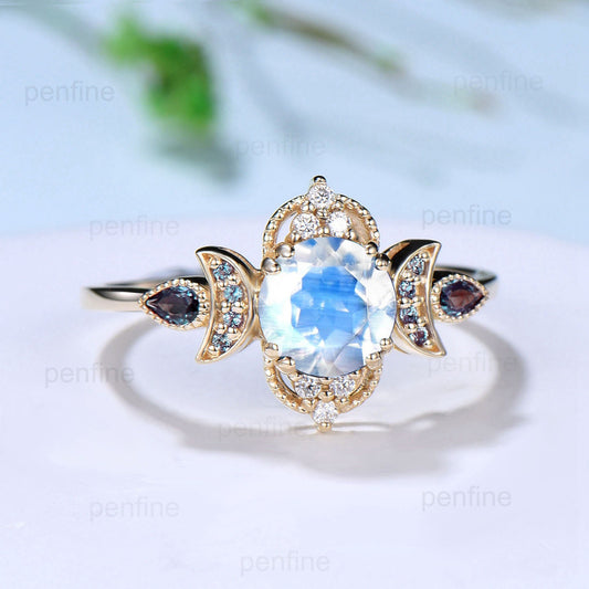 Vintage Moonstone Engagement Ring Unique Crescent Moon Color Change Wedding Ring Women Unique Art Deco Anniversary June Birthstone Ring Ring - PENFINE