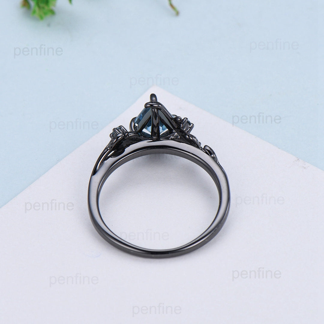 1carat Black Gold London Blue Topaz Ring Vintage Kite cut Natural Inspired Leaf vine engagement ring branch wedding ring November birthstone - PENFINE