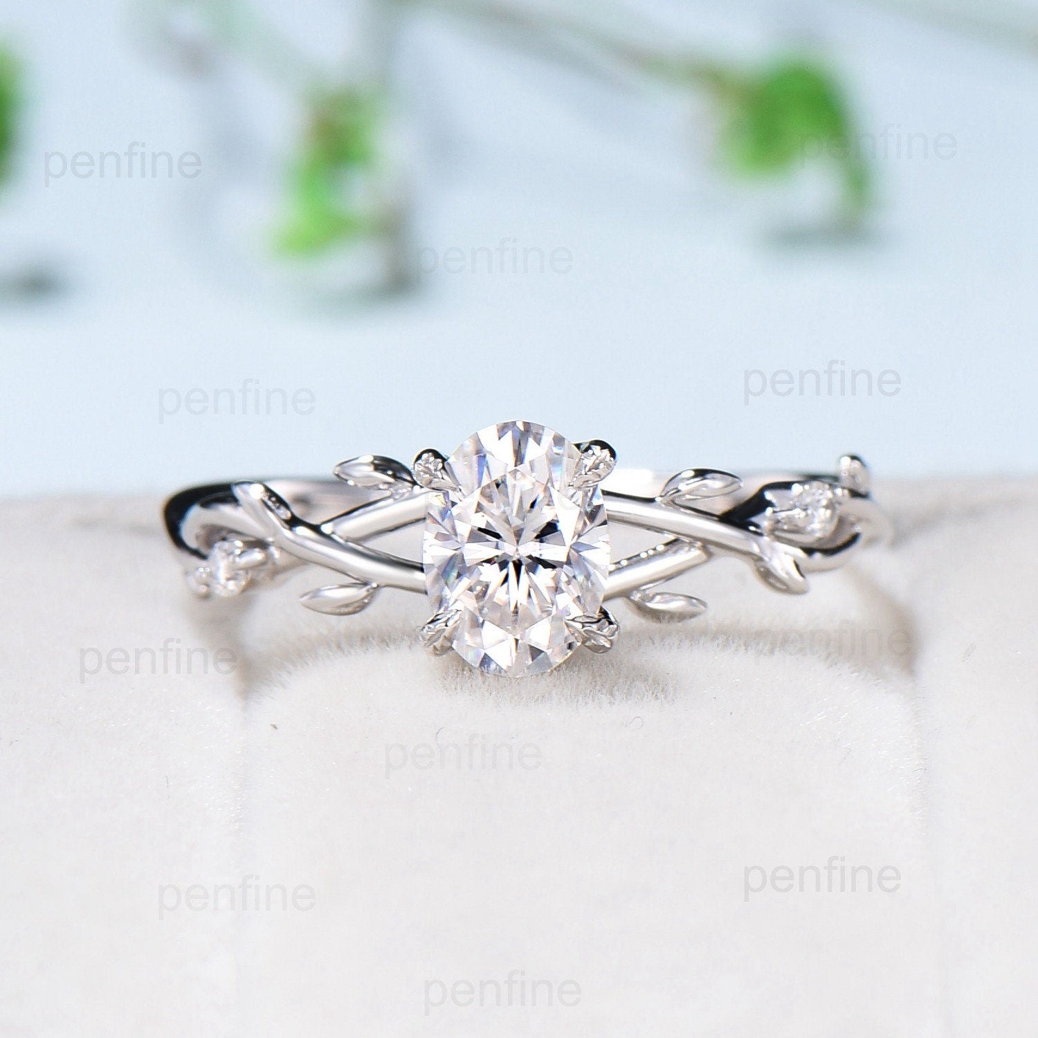 1 carat Oval Moissanite ring Nature Inspired Engagement Ring Silver Gold CZ Ring Branch Leaf Certificate Lab Grown Diamond Wedding Ring - PENFINE