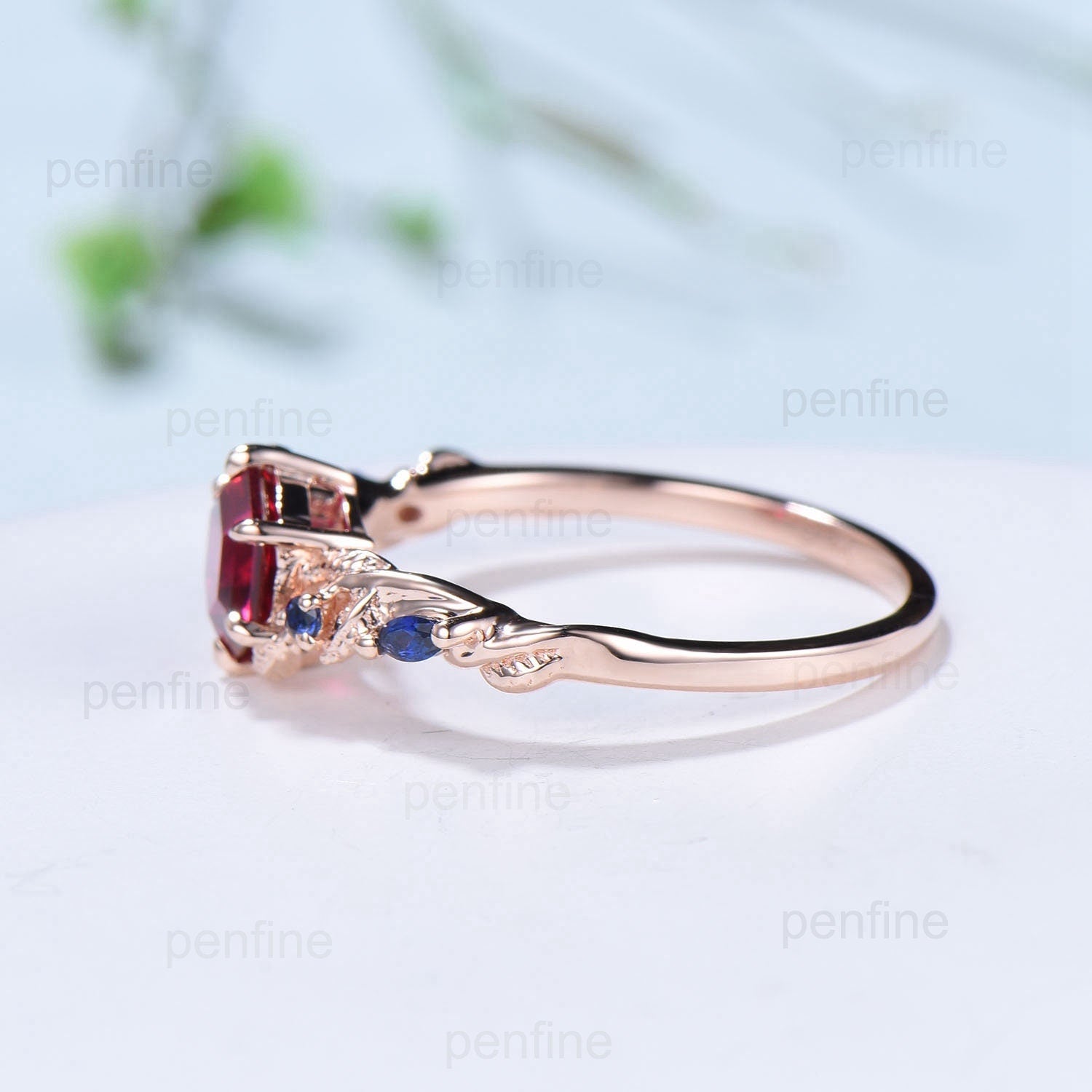 Nature Inspired Red Ruby Engagement Ring Unique Twig  Lab Ruby Sapphire Wedding Ring Branch Promise Ring Handmade Proposal Gifts for Women - PENFINE