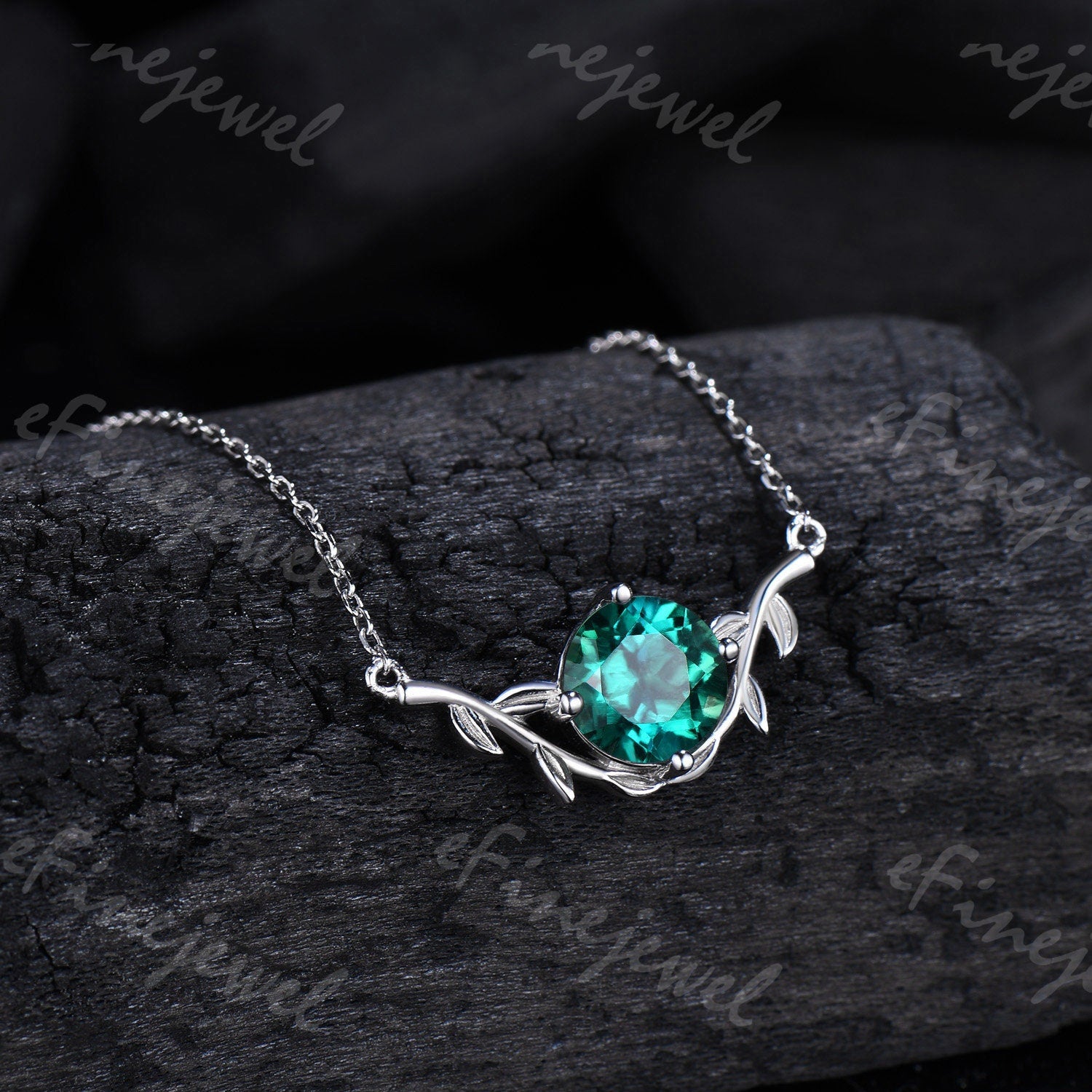 Lab Emerald Pendant Necklace, Leaf Vine, May Birthstone