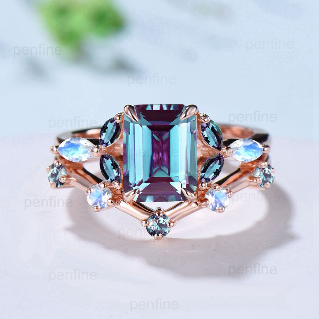 Vintage Emerald Cut Alexandrite Ring Set Marquise Moonstone Alexandrite Engagement Ring Set Rose Gold June Birthstone Wedding Set For Women - PENFINE