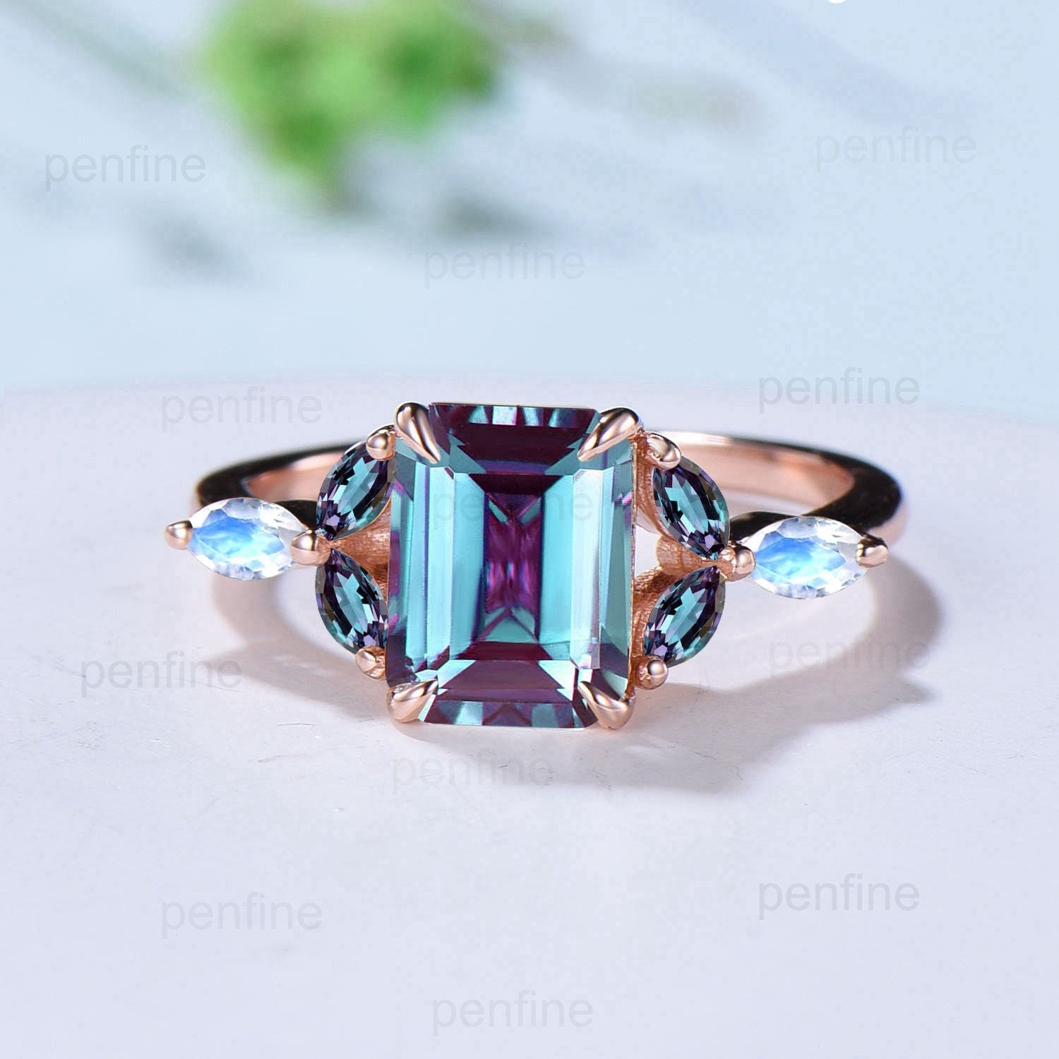 Vintage Emerald Cut Alexandrite Ring Set Marquise Moonstone Alexandrite Engagement Ring Set Rose Gold June Birthstone Wedding Set For Women - PENFINE