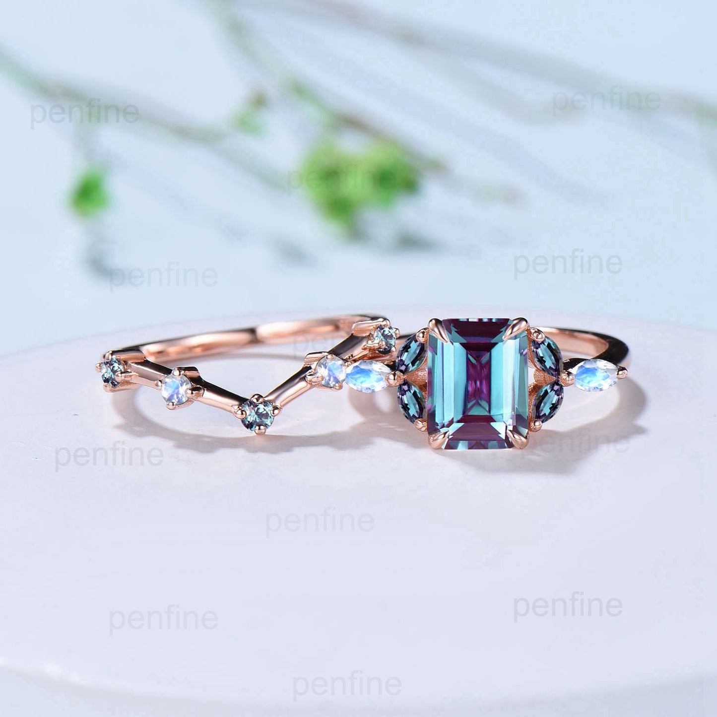 Vintage Emerald Cut Alexandrite Ring Set Marquise Moonstone Alexandrite Engagement Ring Set Rose Gold June Birthstone Wedding Set For Women - PENFINE