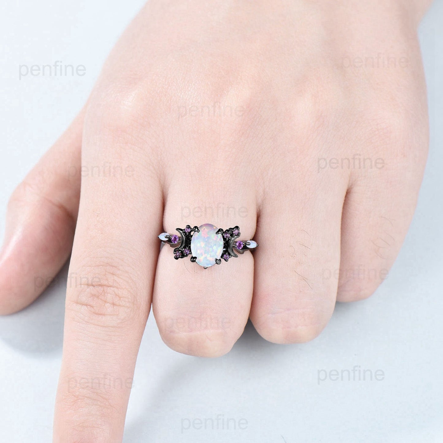 Unique Oval White Opal Engagement Ring Vintage Fire Opal Moon Split Shank Wedding Ring Branch Amethyst Wedding Ring Promise Gift For Women - PENFINE